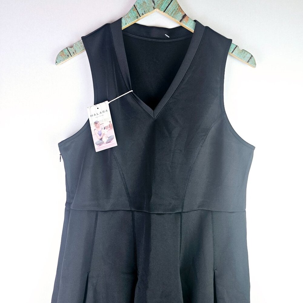 Halara Black V Neck Sleeveless Pleated Hem Mini Golf Active Dress, Sz XL, NWT - Picture 3 of 6